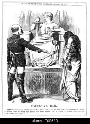 Guerre franco-prussienne 1870 - 1871, la caricature, Otto von Bismarck et l'enchained France devant la justice britannique Dame, 'cautions excessives', dessin de John Tenniel, 'Punch', Londres, 18.2.1871, la satire, la caricature, caricatures, cartoon, dessins animés, presse britannique, Grande-Bretagne, Royaume-Uni, allemand - français, Premier Ministre de la confédération d'Allemagne du Nord, en Allemagne, les gens, réclamation, demande, demande de sécurité, négociations, traité de Versailles, des chaînes, chaîne, captivé, de la justice, 19e siècle, historique, historique, Additional-Rights Clearance-Info-Not-Available- Banque D'Images