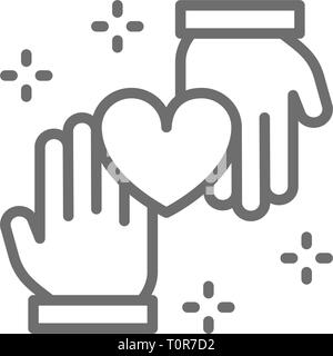 Les mains à coeur, le don, le bénévolat, la charité, l'icône de la ligne de bonnes actions. Illustration de Vecteur