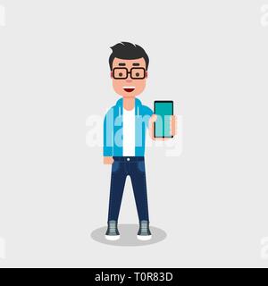 Jeune homme montre téléphone et souriant. Geek en jeans et pull-over est holding smartphone. La technologie mobile, les gens et les gadgets, concept. Vector Illustration de Vecteur