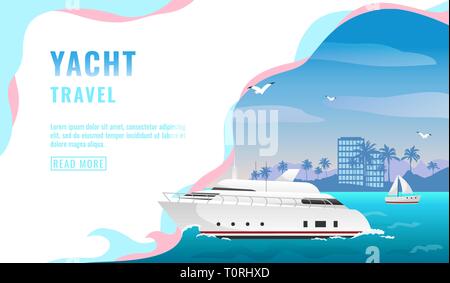 Landing page design, bannière avec bateau yacht concept de voyage, tourisme, blanc beau navire à passagers, littoral avec des gratte-ciel et de palmiers Illustration de Vecteur