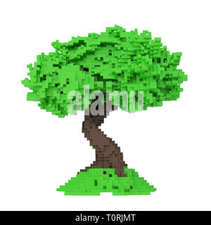 Arbre pixélisé numérique isolé sur fond blanc. 3D Illustration. Banque D'Images