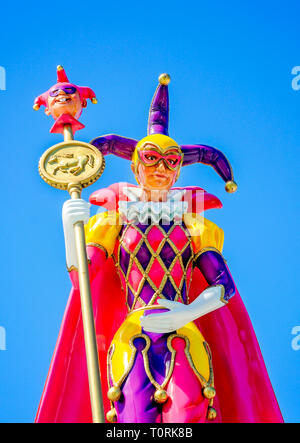 Un Mardi Gras jester est commémoré par une statue à Mardi Gras Park à Mobile, en Alabama, le 19 mars 2019. Banque D'Images