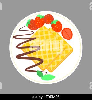 Les gaufres sur une soucoupe blanche avec Chocolat et Fraise sur fond gris. Illustration de biscuit gaufrette slice isolé sur couche. Croustillant de vecteur cooki Illustration de Vecteur