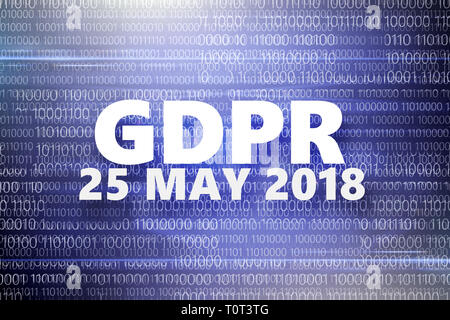 Réglementation générale en matière de protection des données à caractère personnel. Inscription sur fond bleu avec un code binaire. Banque D'Images