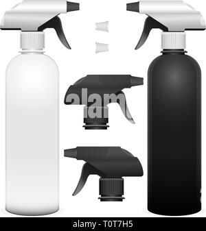 Ensemble de bouteilles de pulvérisation avec detalies. Vector illustration réaliste de pistolet de la pompe de pulvérisation avec mocup en noir et blanc. Peut être utilisé pour assainir l', l Illustration de Vecteur