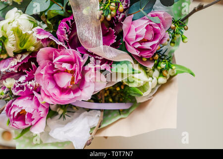 Pivoine rose double tulip, belle chambre double tulipe rose Drumline. Fleur de pivoine rose tulipe double.fleurs colorées pour les vacances. Happy mothers day Banque D'Images