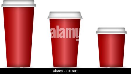 Maquette de papier rouge tasses pour le café ou le thé avec couvercle. Vecteur 3D réaliste illustration isolé sur fond blanc. Illustration de Vecteur