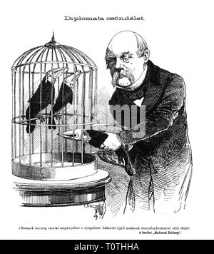 La politique, Kulturkampf, caricature, pendant ses loisirs, Bismarck est la capture d'oiseaux nocturnes qui perturbent son aisance, 'Diplomat Still Life', dessin, 'Borsszem Janko', Budapest, 25.7.1875, Additional-Rights Clearance-Info-Not-Available- Banque D'Images