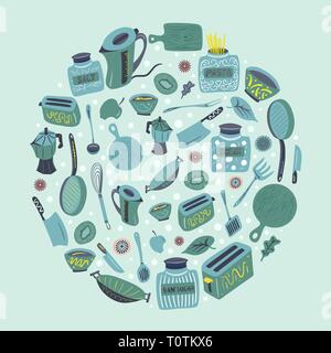 Ensemble de main tirées des ustensiles de cuisine et appareils disposés dans un cercle Illustration de Vecteur