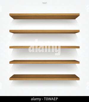 Plateau en bois vides sur fond blanc avec des ombres douces. Vide 3D étagères en bois sur mur blanc. Vector illustration. Illustration de Vecteur