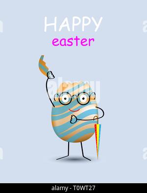 Joyeuses Pâques. La coquille craquelée. Une demi-coquille d'œufs vides sur fond bleu. Oeuf dans la forme d'un petit homme. Illustration de Vecteur