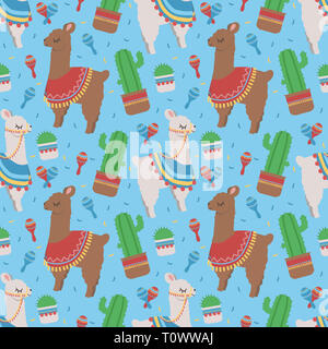 Transparente colorée pour les enfants avec motif cartoon cute lamas ou alpagas péruviens ponchos et avec des cactus sur fond bleu clair Banque D'Images