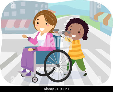 Illustration d'un Stickman Kid Girl Aider une femme en fauteuil roulant : Traverser la rue Banque D'Images