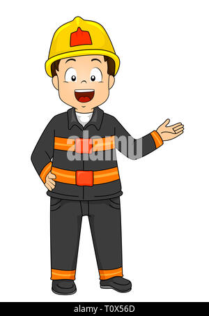 Illustration d'un Kid Boy Wearing Fireman Costume présenter quelque chose à sa gauche Banque D'Images