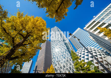 Concept d'affaires de l'Asie de l'immobilier et de la construction - à vue jusqu'au quartier financier, la silhouette des gratte-ciel bleu reflètent Banque D'Images