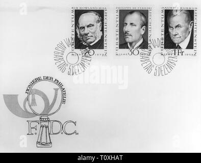 La poste, timbres, Liechtenstein, timbres de 20 et 30 centimes, 1 franc suisse, série pionniers de la philatélie, enveloppe premier jour, 2.12.1988, Additional-Rights Clearance-Info-Not-Available- Banque D'Images