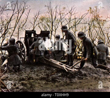 Première Guerre mondiale / LA PREMIÈRE GUERRE MONDIALE, front de l'Ouest, l'artillerie allemande dans le Champagne, novembre 1918, photographie couleur, carte de cigarette, série 'Die' Nachkriegszeit, 1935, soldats, soldat, l'armée de terre, armées, Gunner, artilleurs, artilleur, artilleurs, pistolet, fusil, canon, avant, fronts, la France, l'Allemagne, l'Empire allemand, l'époque impériale, personnes, 20e siècle, années 1930, Guerre mondiale, guerres mondiales, coloré, couleur, période de l'après-guerre, après-guerre, après-guerre, après-guerre, historique, historique Additional-Rights Clearance-Info-,-Not-Available Banque D'Images