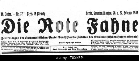 Presse/médias, magazines, Die Rote Fahne (le drapeau rouge), front page, volume 16, numéro 37, dernier numéro publié légalement, Berlin, 26. / 27.2.1933, l'artiste n'a pas d'auteur pour être effacé Banque D'Images