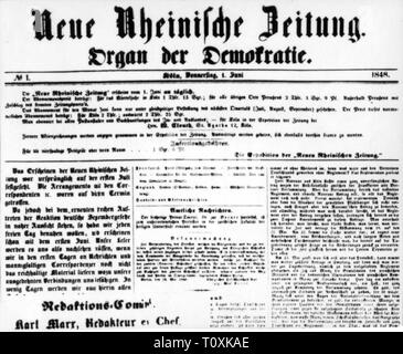 Presse/médias, magazines, "Neue Rheinische Zeitung", front page, éditeur : Karl Marx (1818 - 1883), numéro 1, Cologne, 1.6.1848, Additional-Rights Clearance-Info-Not-Available- Banque D'Images