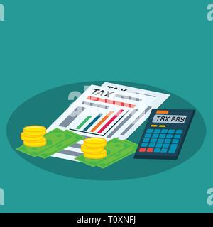 Document fiscal, calculatrice, pièce de monnaie , de l'argent pour tax day concept vector illustration Illustration de Vecteur