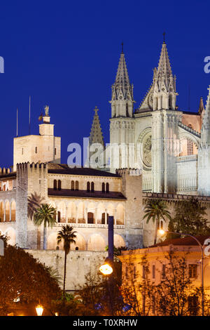 Vue nocturne de la cathédrale de Palma de Majorque et le palais de l'Almudaina Banque D'Images
