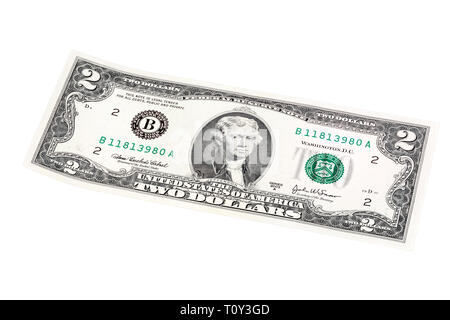 Faites un angle de tir empilés lucky 2 dollar bill. Photo haute résolution. Banque D'Images