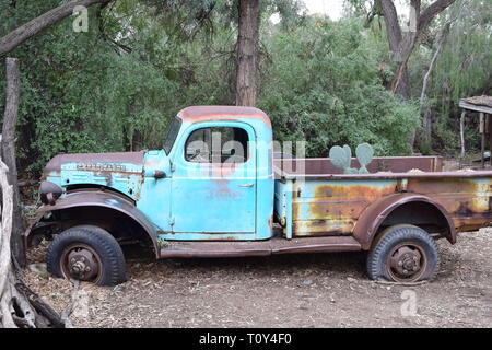 Un vieux camion Dodge Power Wagon se fond dans la masse et soutient même un cactus poussant dans le lit de camion Banque D'Images