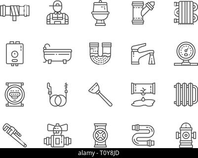 Ensemble de services de plomberie Line d'icônes. Baignoire, WC, chaudière, plombier et plus encore. Illustration de Vecteur