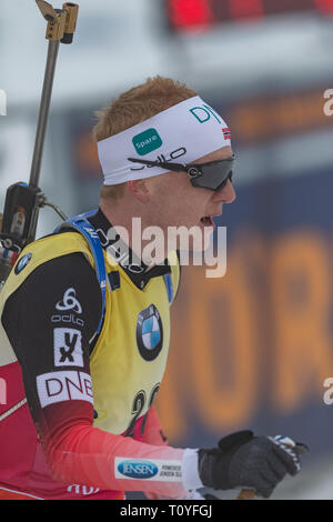 Oslo, Norvège. Mar 22, 2019. Biathlon Coupe du Monde IBU BMW. 22 mars 2019 Thingnes Johannes Boe de la Norvège participe à la compétition de sprint 10km hommes pendant la Coupe du monde de Biathlon IBU BMW à Holmenkollen à Oslo, Norvège. Credit : Nigel Waldron/Alamy Live News Banque D'Images