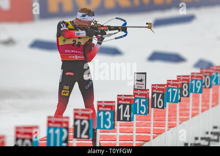 Oslo, Norvège. Mar 22, 2019. Biathlon Coupe du Monde IBU BMW. 22 mars 2019 Thingnes Johannes Boe de la Norvège participe à la compétition de sprint 10km hommes pendant la Coupe du monde de Biathlon IBU BMW à Holmenkollen à Oslo, Norvège. Credit : Nigel Waldron/Alamy Live News Banque D'Images