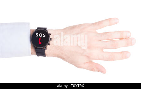Smartwatch noir isolé sur un fond blanc, SOS Banque D'Images