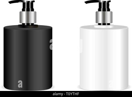 Bouteille de savon noir et blanc immersive. Illusrtation de vecteur. 3D réaliste avec pompe pour savon, crème, liquide, isolé sur fond blanc. Illustration de Vecteur