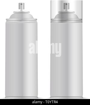 Spray aluminium avec couvercle peut Vector illustration maquette. Forfait pour la peinture réaliste, aérosol, déodorant isolé sur fond blanc. Illustration de Vecteur