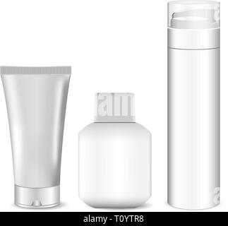 Collection de tubes cosmétiques hommes blanc vierge. Ensemble de corps et du visage Soins pour hommes. Blanc design emballage en plastique. Mousse de rasage pour hommes, un apaisant Illustration de Vecteur