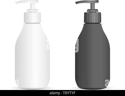 La pompe en plastique noir et blanc ensemble bouteilles isolé sur fond. Paquet avec distributeur de pompe pour la crème, le liquide de la soupe, mousse, shampooing. Vector illustratio Illustration de Vecteur