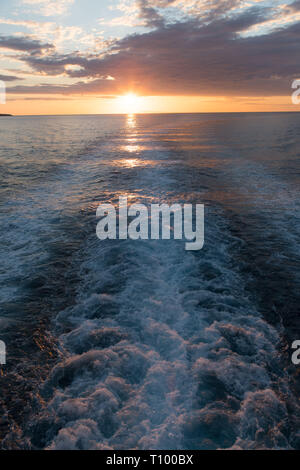 Vue sur la mer de l'arrière d'un ferry, Lastovo, Croatie Banque D'Images