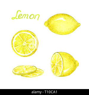 Les tranches de fruits et de citron, peinte à l'aquarelle illustration avec l'inscription isolé sur fond blanc Banque D'Images