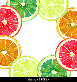 Pamplemousse, orange, citron et lime ronde, carte de vœux ou design de bannières en feuille de format carré, peinte à l'aquarelle illustration, blanc Banque D'Images