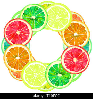 Pamplemousse, orange, citron et lime ronde, cadre double pour carte de vœux ou design de bannières en feuille de format carré, peinte à l'aquarelle Banque D'Images