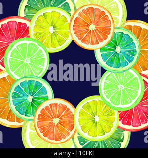 Pamplemousse, orange, citron et lime ronde pour châssis double, carte de vœux ou design de bannières en feuille de format carré, peinte à l'aquarelle Banque D'Images