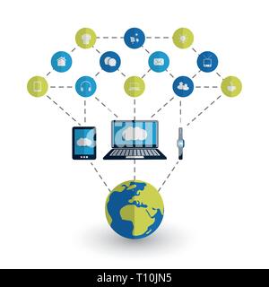 Digital World - Réseaux, l'ITO et Cloud Computing Concept Design avec Earth Globe et icônes Illustration de Vecteur