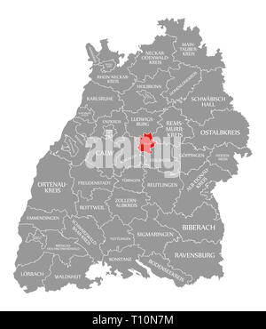 Comté de Stuttgart a mis en lumière rouge dans la carte de Baden Württemberg Allemagne Banque D'Images