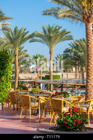 L'extérieur coin terrasse, patio, dans le soleil, ciel bleu et de palmiers. Banque D'Images