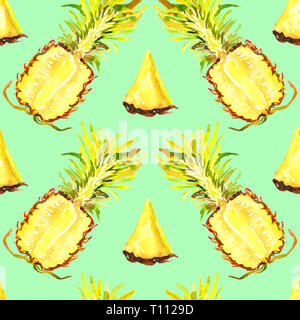 Couper en tranches d'ananas, un pattern design, illustration aquarelle peinte à la main, fond bleu doux Banque D'Images