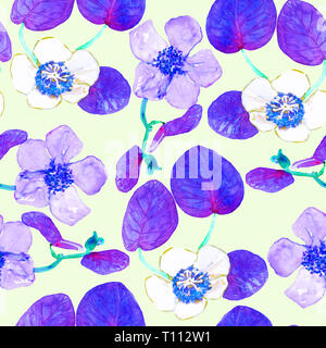 Les fleurs mâles et femelles kiwifruits, pattern design transparent en bleu palette de couleurs, aquarelle peinte à la main, fond jaune doux illustration Banque D'Images