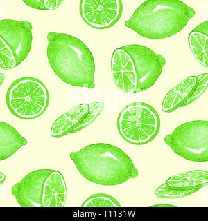 Les fruits de citron ou de lime et des tranches, direct pattern design, illustration aquarelle peinte à la main, fond jaune doux Banque D'Images