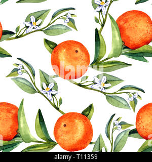 Branches d'orange avec des fruits et fleurs blanches, un pattern design, illustration aquarelle peinte à la main, fond blanc Banque D'Images
