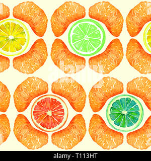 Pamplemousse, orange, mandarine, citron et lime sections, les tranches en forme géométrique, un pattern design, illustration aquarelle peinte à la main Banque D'Images