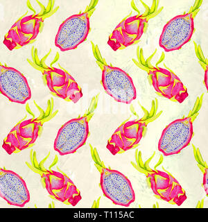 Ensemble de fruit du dragon et couper des tranches, un pattern design, illustration aquarelle peinte à la main, fond jaune doux Banque D'Images