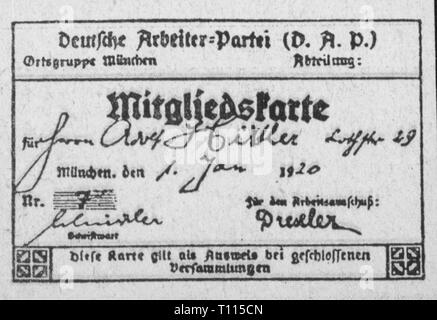 Le nazisme / National-socialisme, les organisations, l'organisation du parti, deuxième carte de membre la Deutschen Arbeiterpartei (Parti du Travail allemand) d'Adolf Hitler, l'adhésion numéro 1, Munich, 1.1.1920, 1925 refondation, carte de membre du parti, membre du parti, député d'un parti, un membre du parti, NSDAP, télécopieur, signature, signatures, Anton Drexler, DAP, la politique, la politique, l'Allemagne, l'Empire allemand, la République de Weimar, 20e siècle, années 1920, organisations internationales, organisations internationales, organisation, organisation, carte de membre, cartes de membres du parti du travail, du travail, Additional-Rights Clearance-Info-partie-Not-Available Banque D'Images